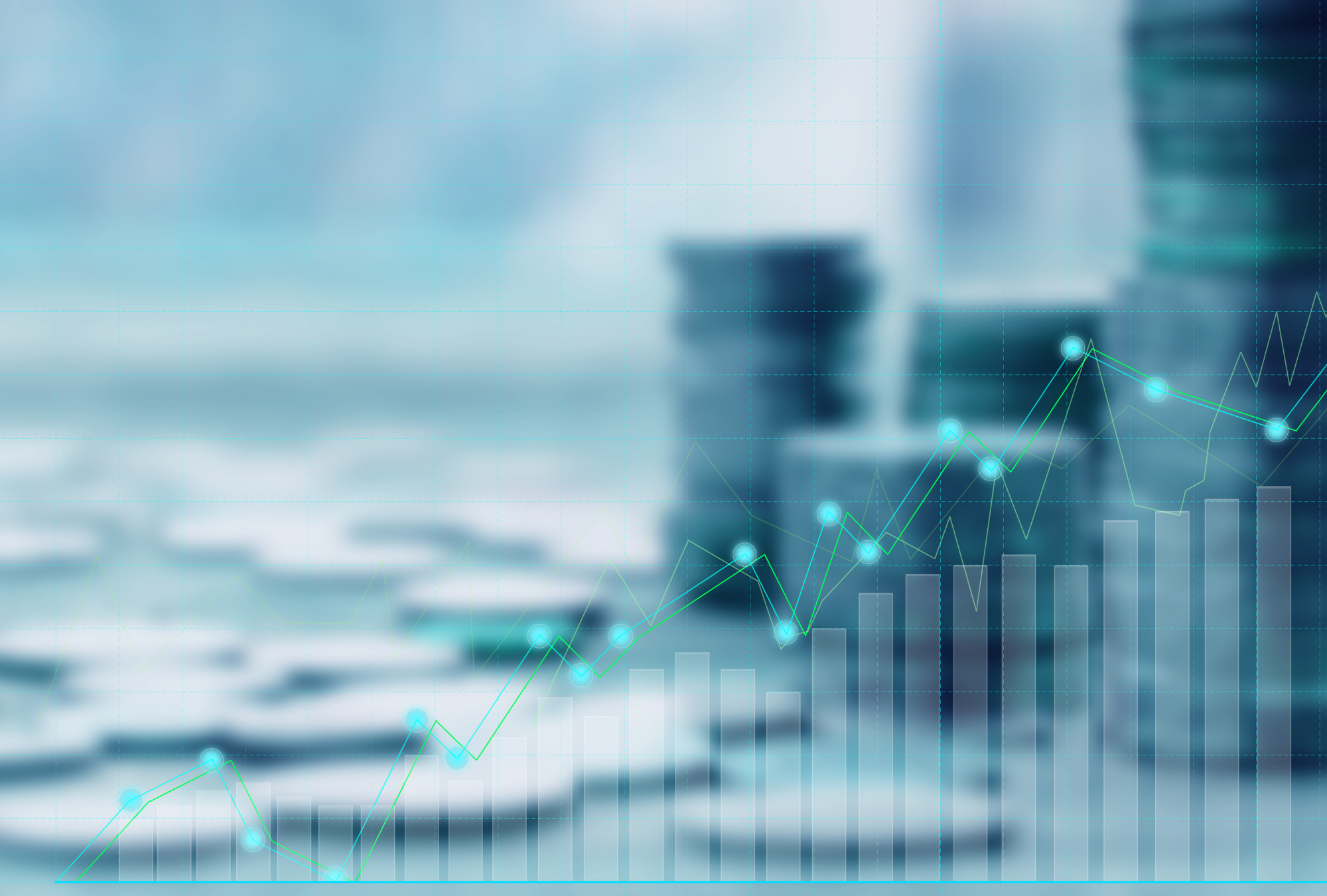 Blurry coin stack behind bar graph and line plot